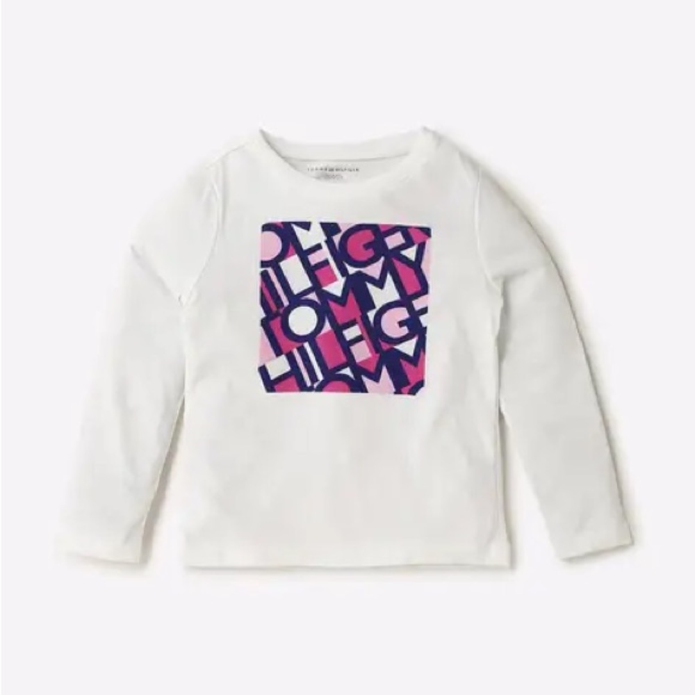 Tommy Hilfiger Kids White Long Sleeve Tee with Pink and Blue Design